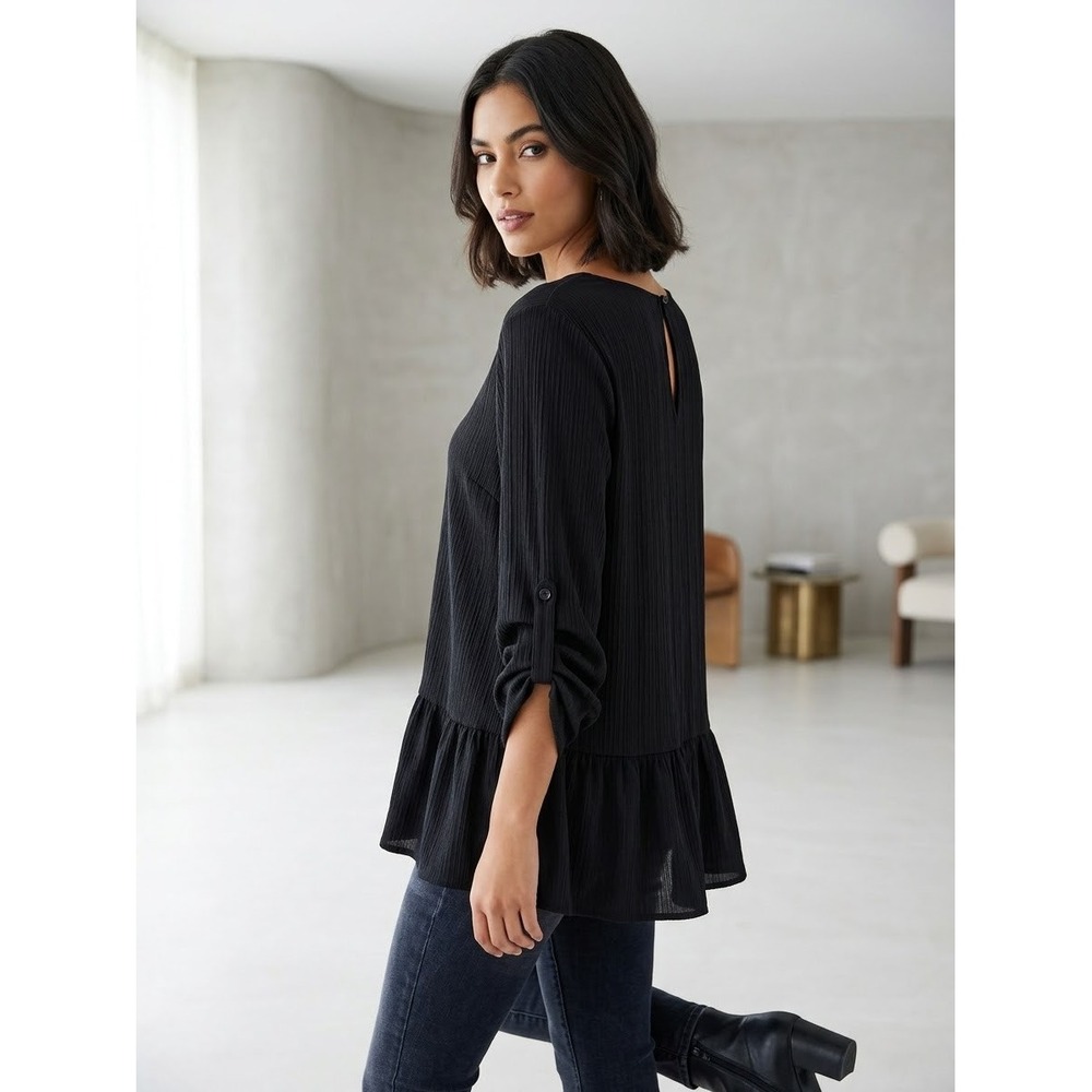 Apt 9 Womens XL Black Roll Tab Sleeve Ruffle Hem Peplum Blouse Keyhole Back